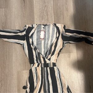 Boohoo Black and Tan Striped Wrap Dress